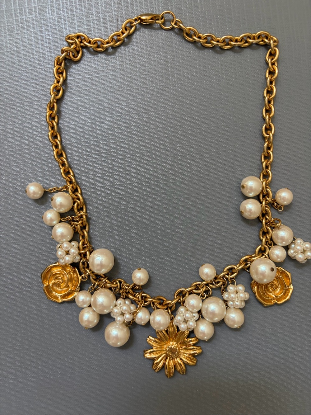 Vintage Kenzo Gold Pearl Floral Charm Necklace
